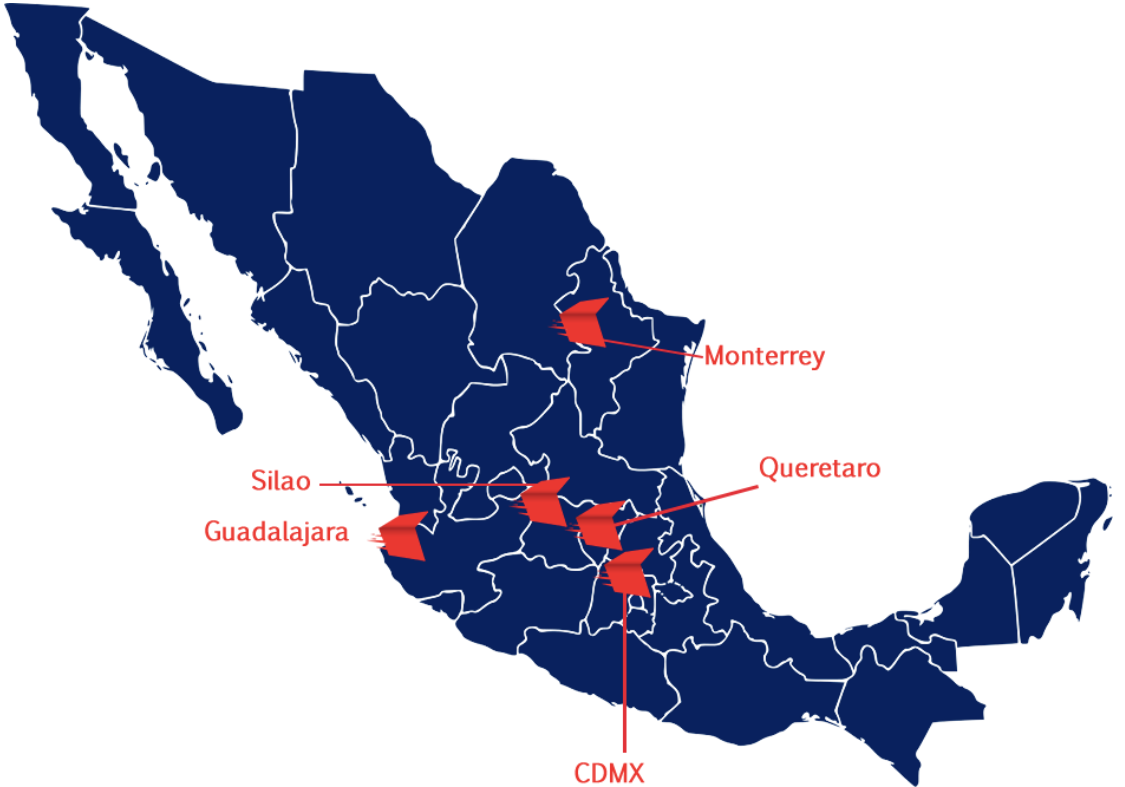 Mapa de México con CEDIS en Guadalajara, Silao, Querétaro, CDMX y Monterrey
